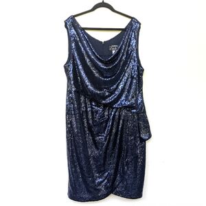 Alex Evenings Navy Sequin Cowl-Neck Sleeveless Knee-Length Gown Dress Size 22W